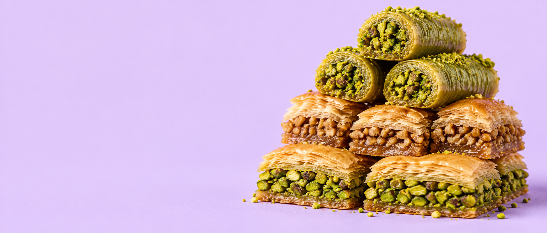 A stack of golden baklava and green pistachio sarma