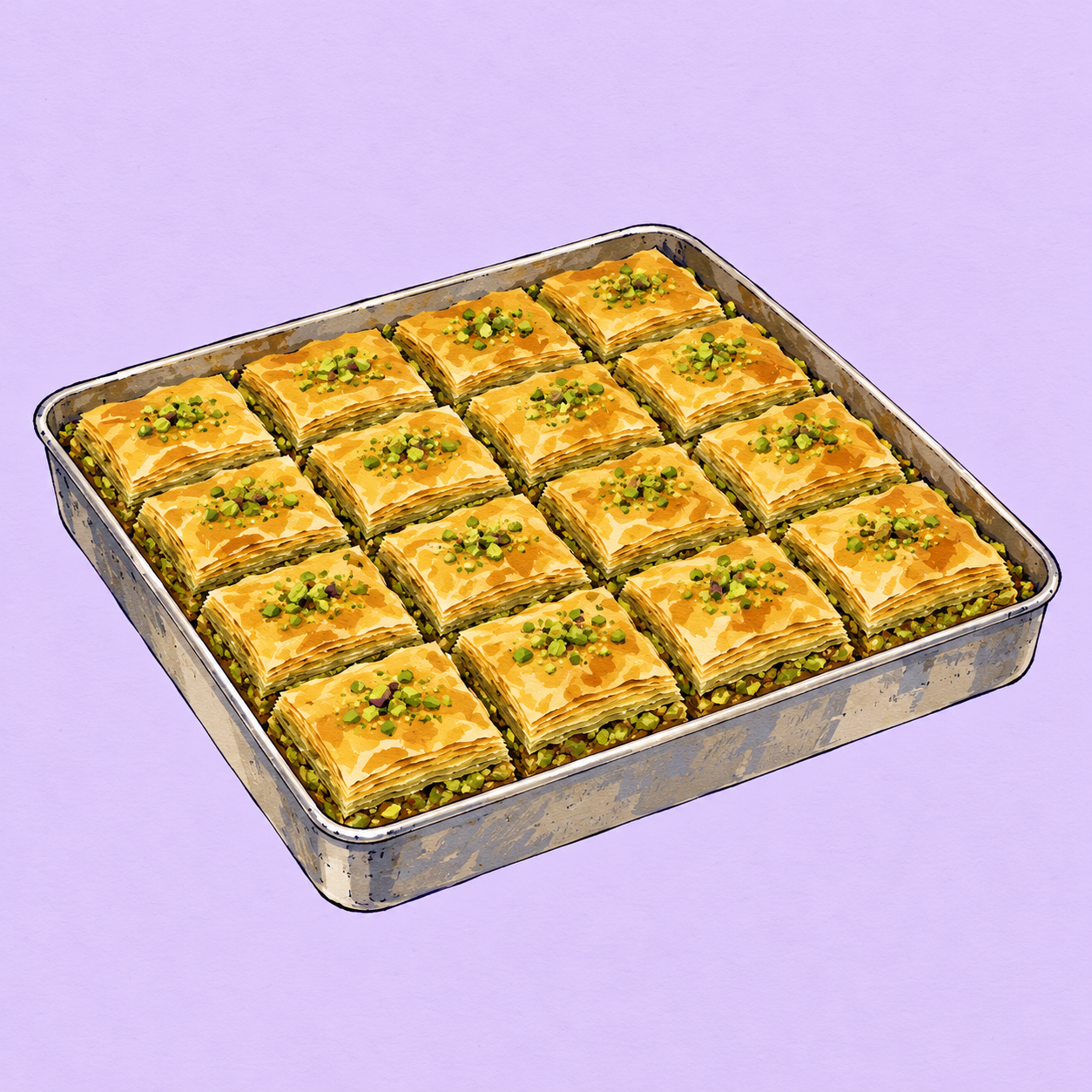 Illustration: Neat rows of square-cut golden pistachio baklava in a tray