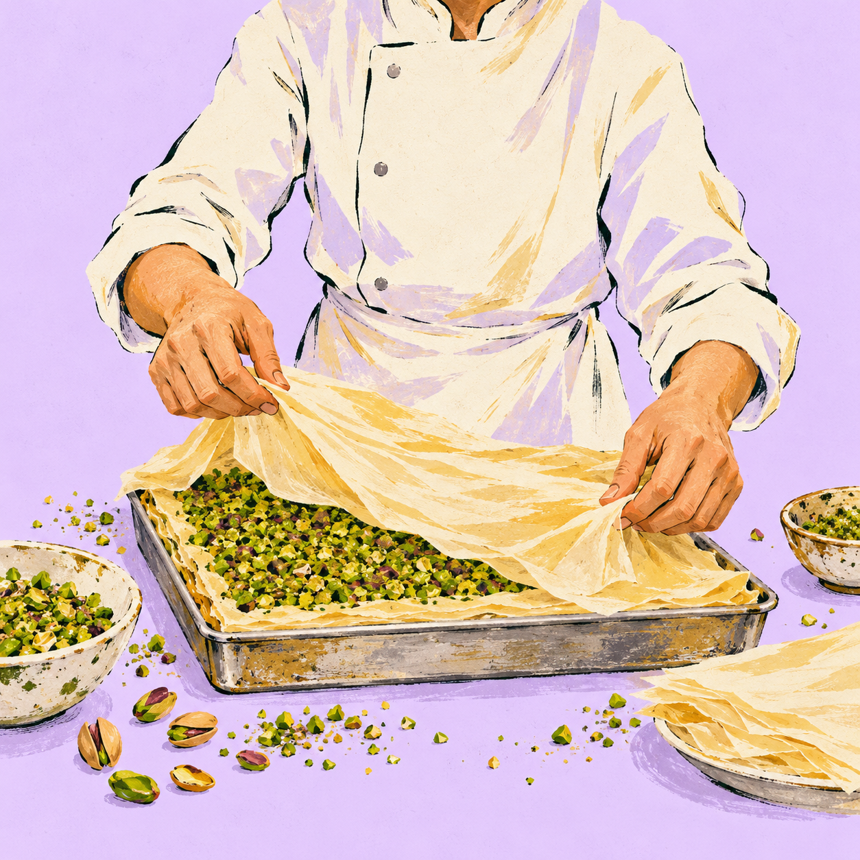 Illustration: Pastry chef hands layering filo and pistachio filling in a baking tray