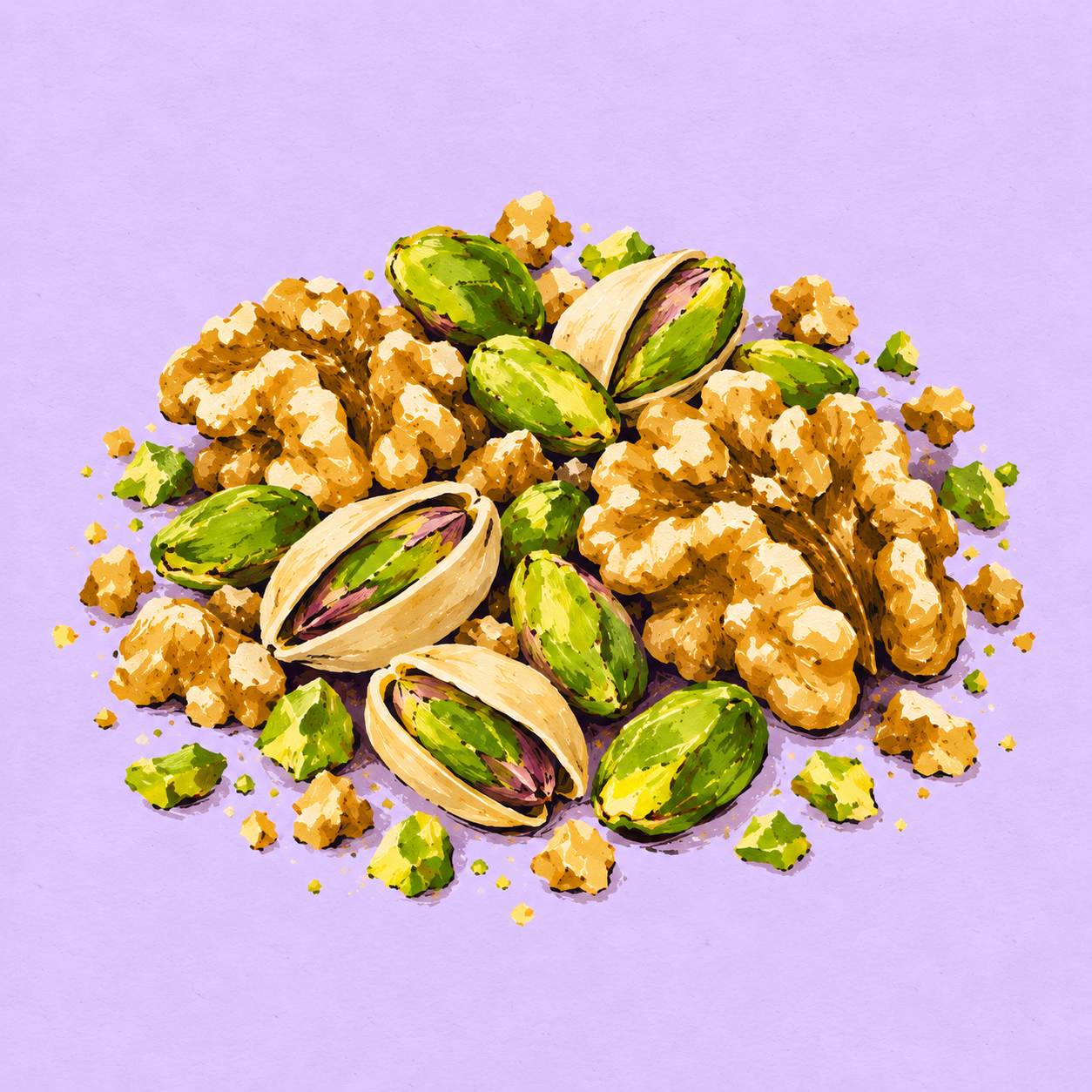 Illustration: Antep pistachios and walnuts on a lavender surface